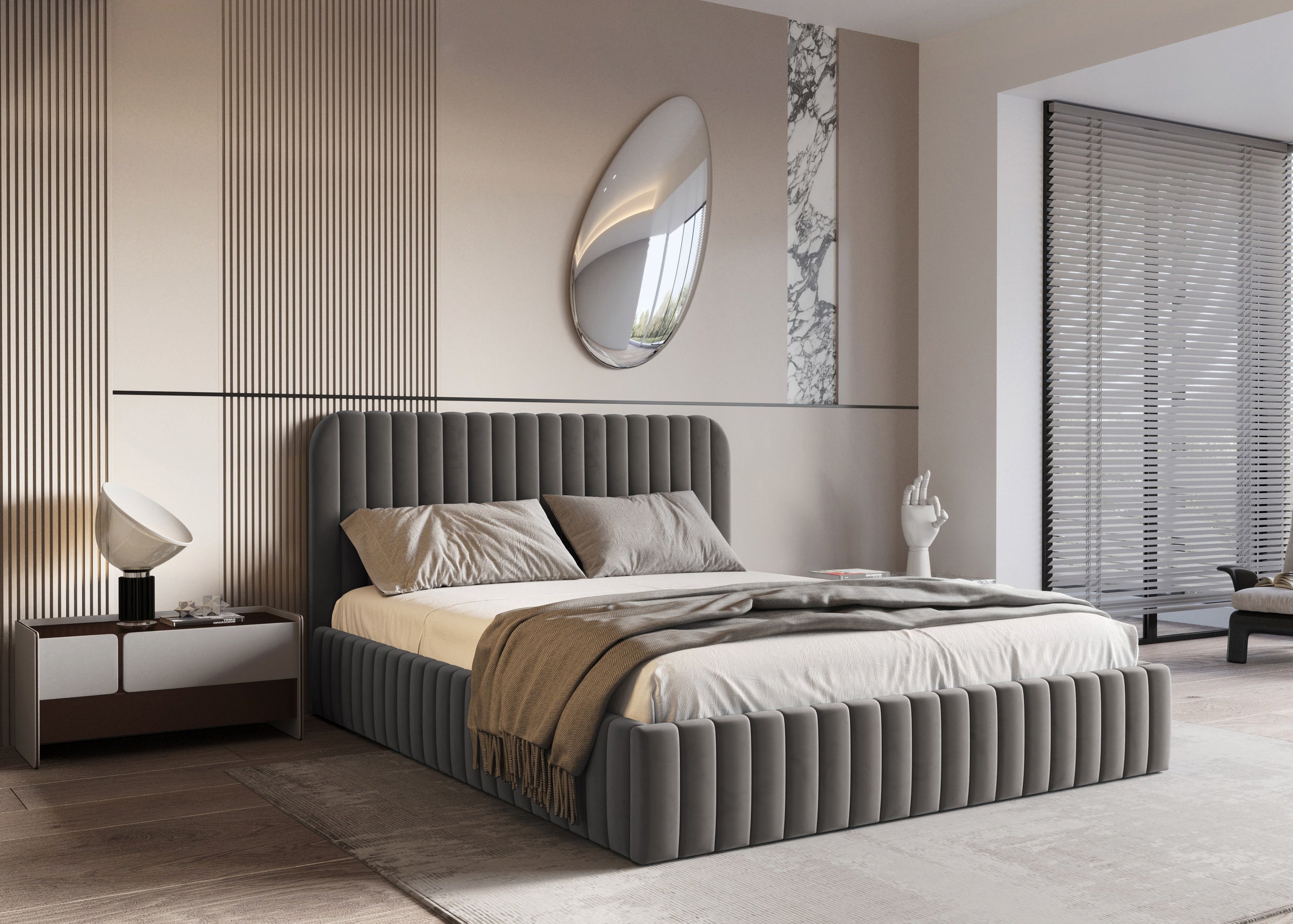 Polsterbett Salira mit Stauraum, grauer Velluto-Stoff, Metallgestell