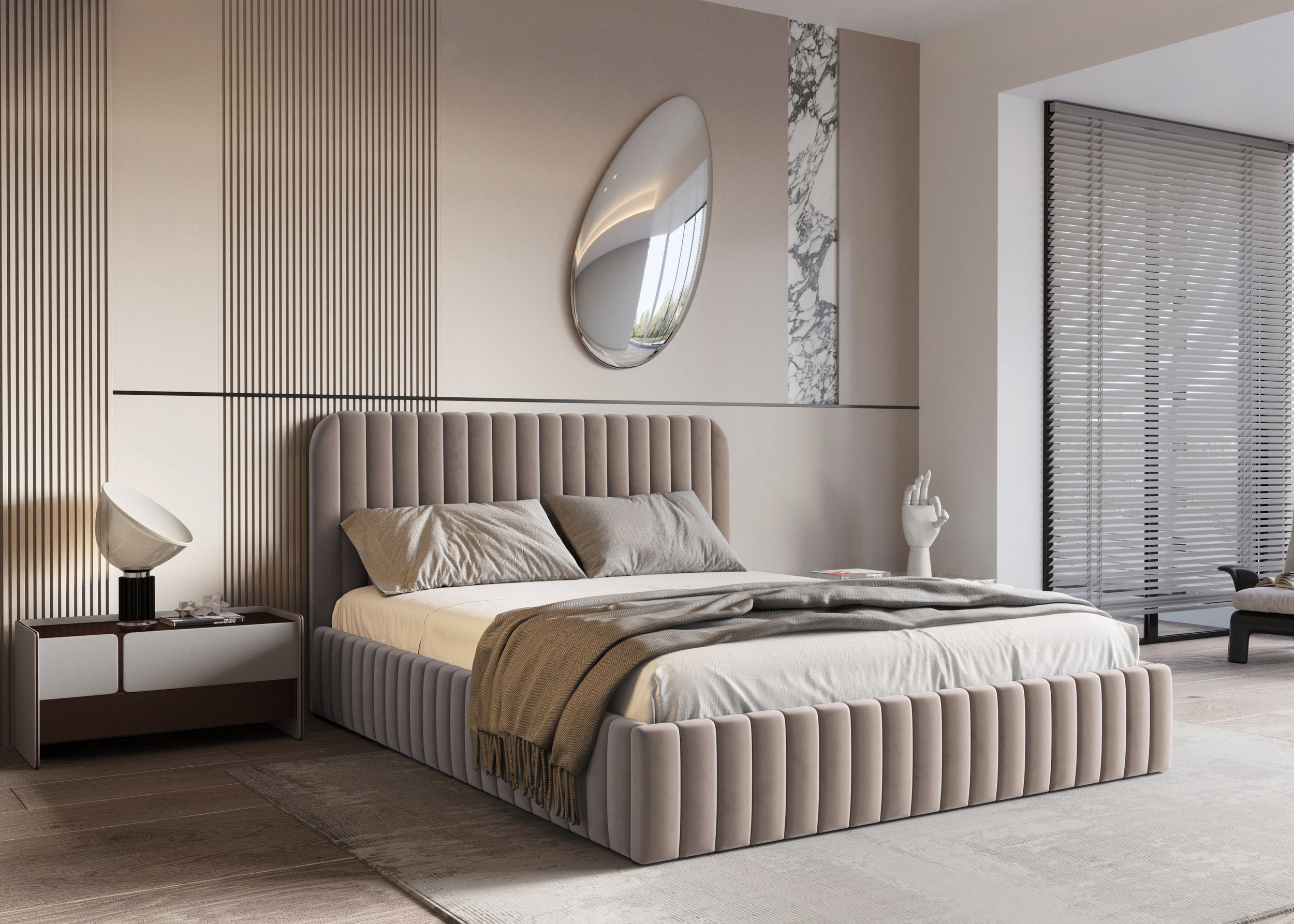 Polsterbett Salira mit Stauraum, hellbeiger Velluto-Stoff, Metallgestell