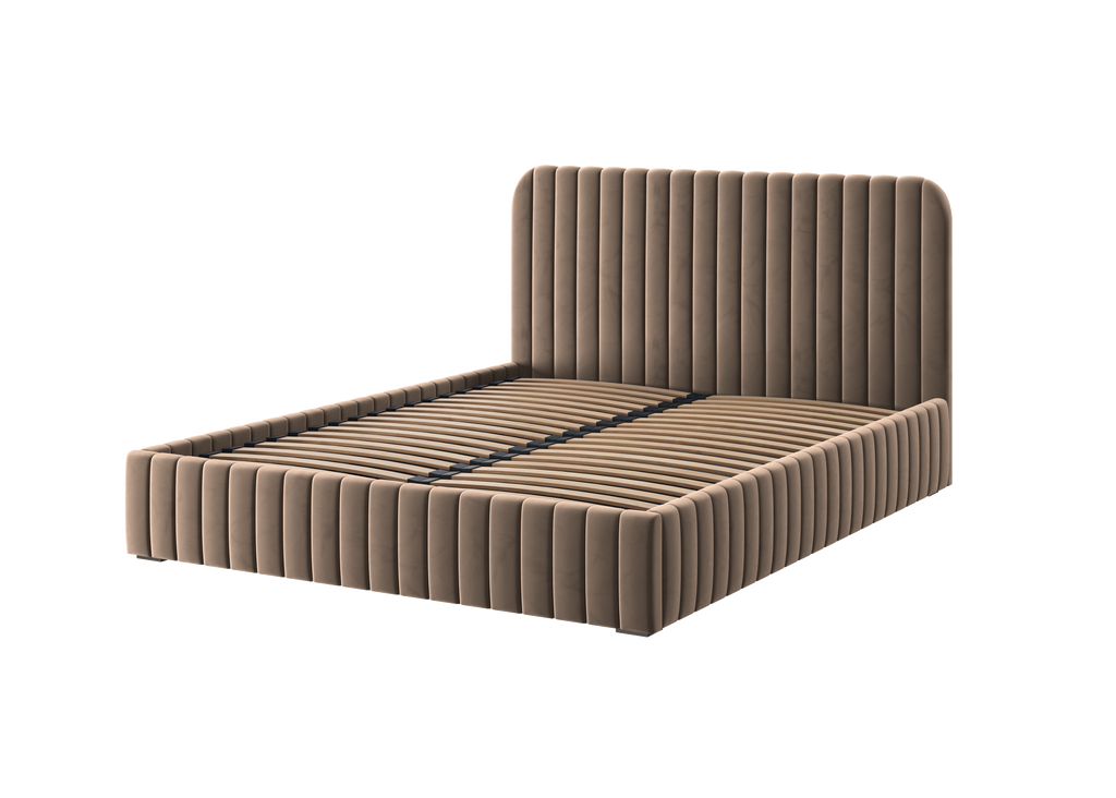 Polsterbett Salira mit Stauraum, beigefarbener Velluto-Stoff, Metallgestell