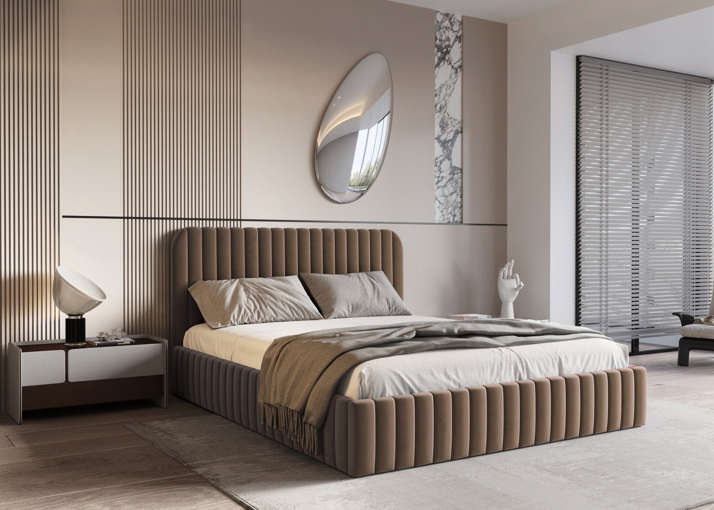 Polsterbett Salira mit Stauraum, beigefarbener Velluto-Stoff, Metallgestell