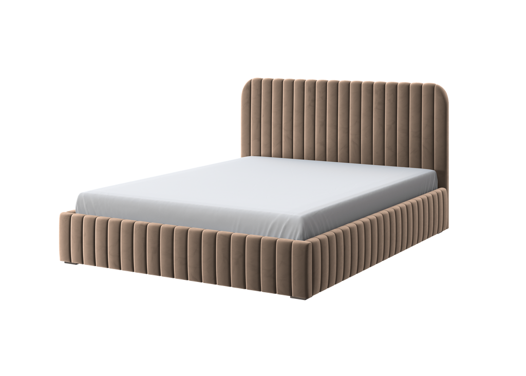 Polsterbett Salira mit Stauraum, beigefarbener Velluto-Stoff, Metallgestell