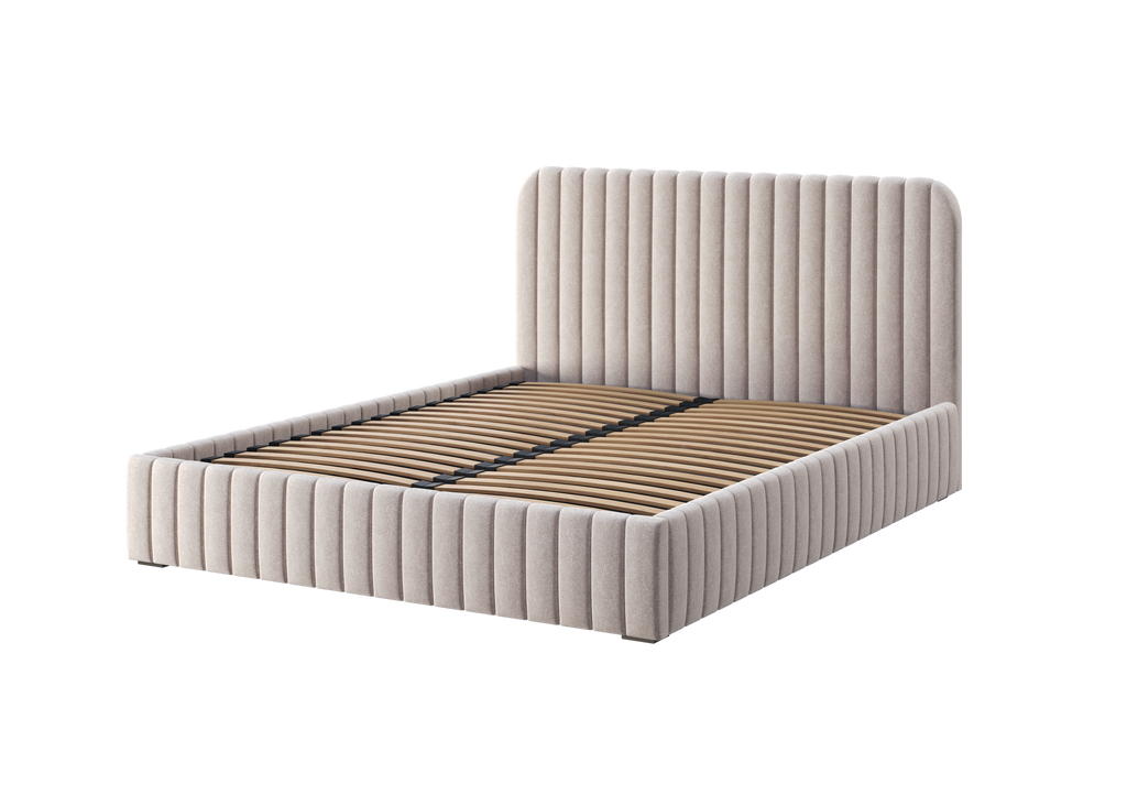 Salira Polsterbett mit Stauraum, beige, pflegeleichter Bezug, Gestell aus Metall