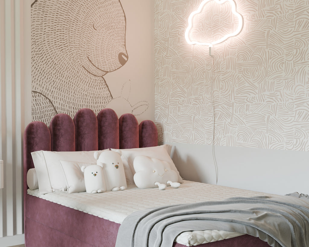 Seli Jugendbett mit Matratze und Bettkasten, Bezug aus Fantasy-Samt