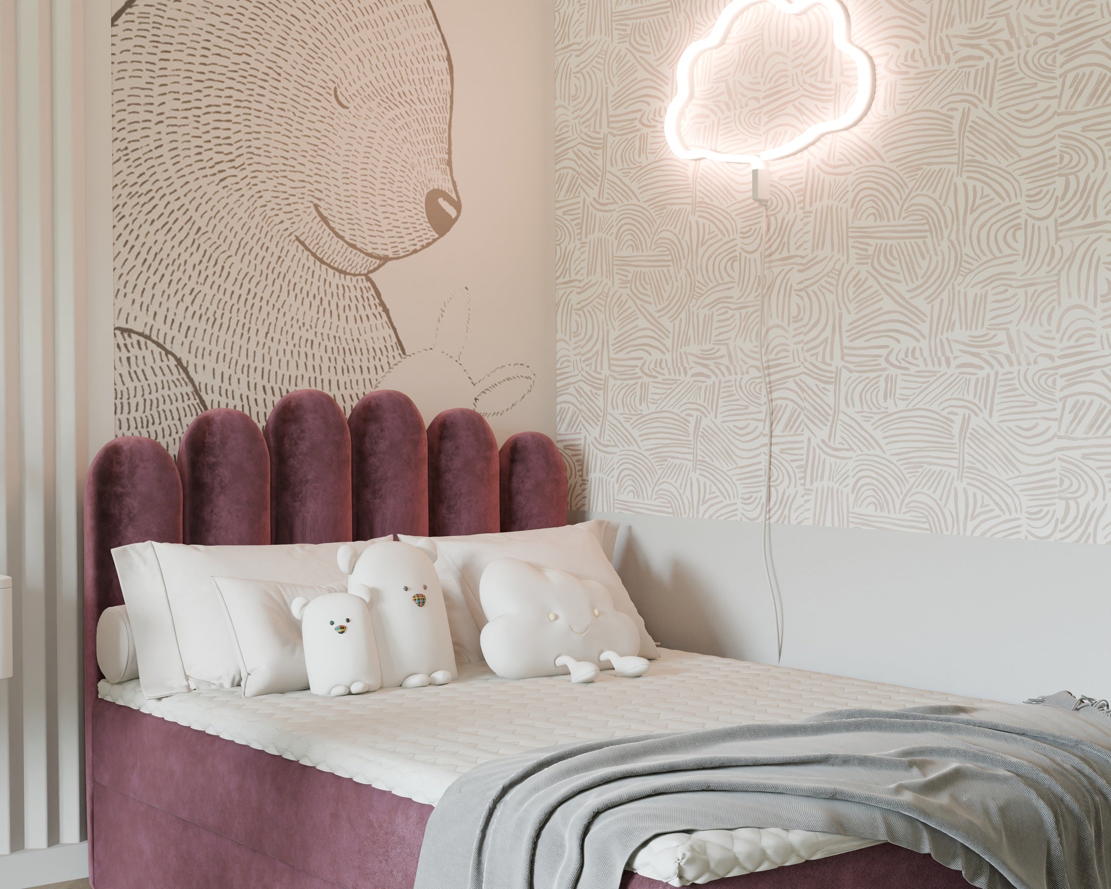 Seli Jugendbett mit Matratze und Bettkasten, Bezug aus Fantasy-Samt