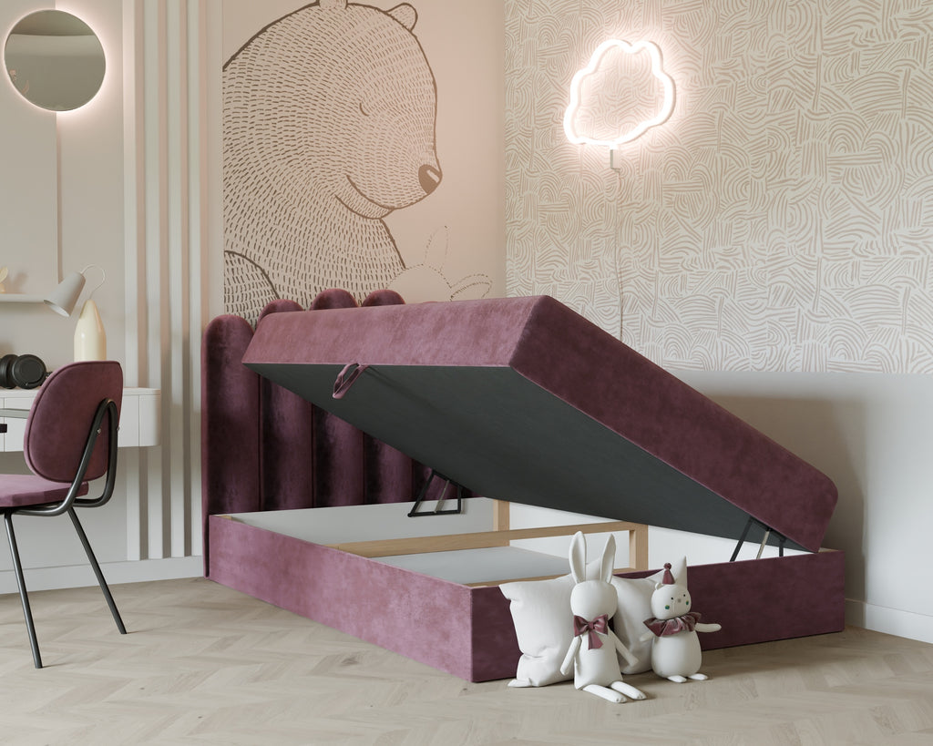 Seli Jugendbett mit Matratze und Bettkasten, Bezug aus Fantasy-Samt