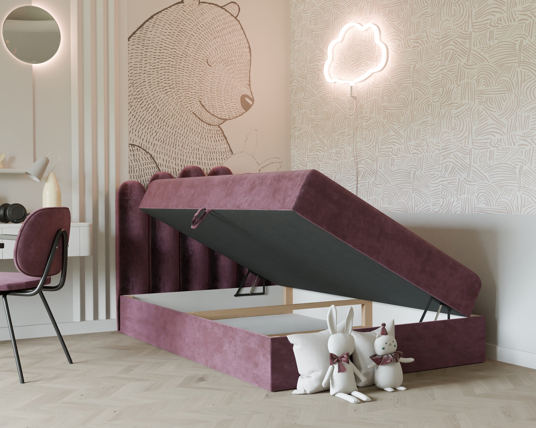 Seli Jugendbett mit Matratze und Bettkasten, Bezug aus Fantasy-Samt