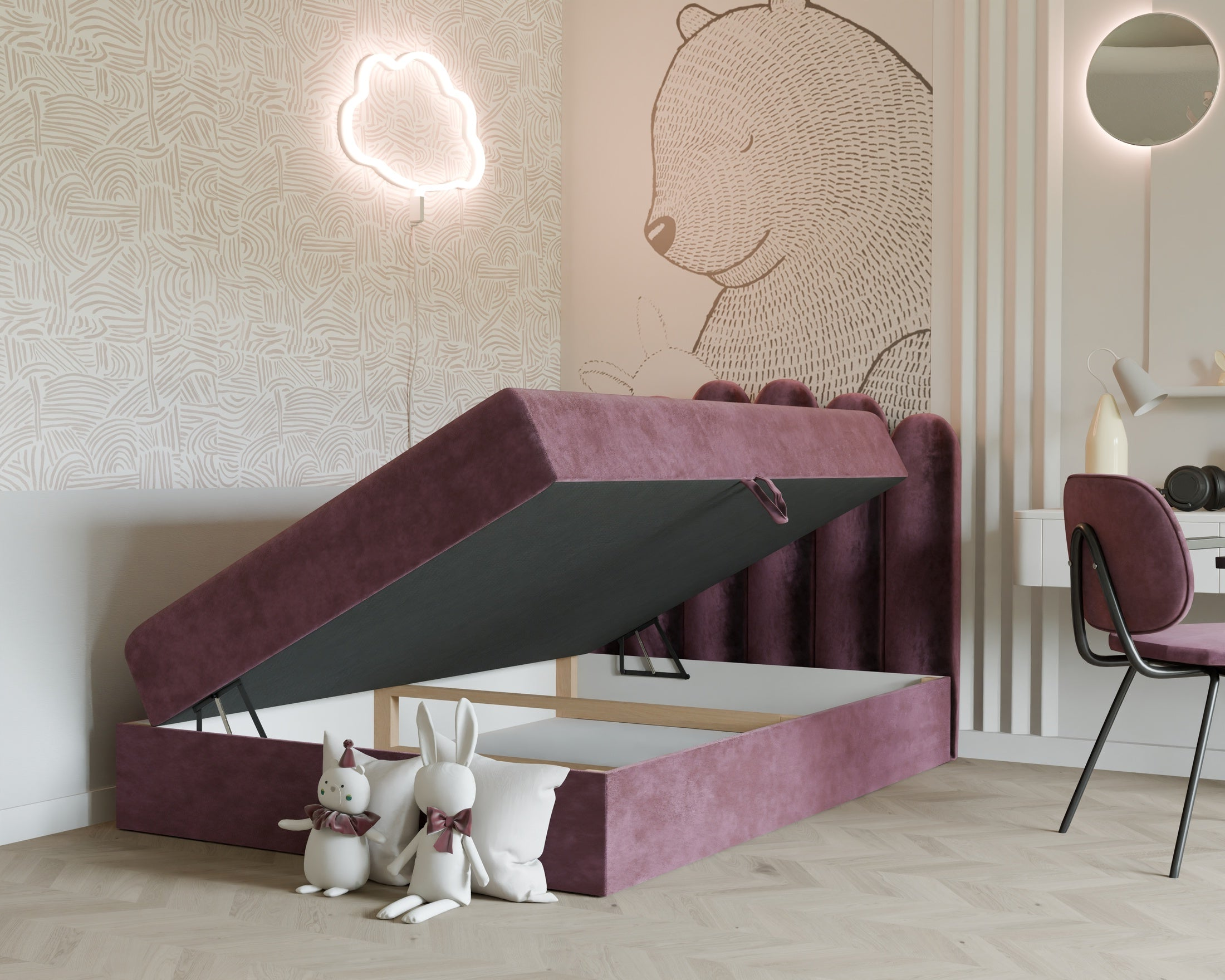 Seli Jugendbett mit Matratze und Bettkasten, Bezug aus Fantasy-Samt