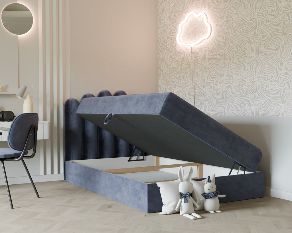 Seli Jugendbett mit Matratze und Bettkasten, Bezug aus Fantasy-Samt