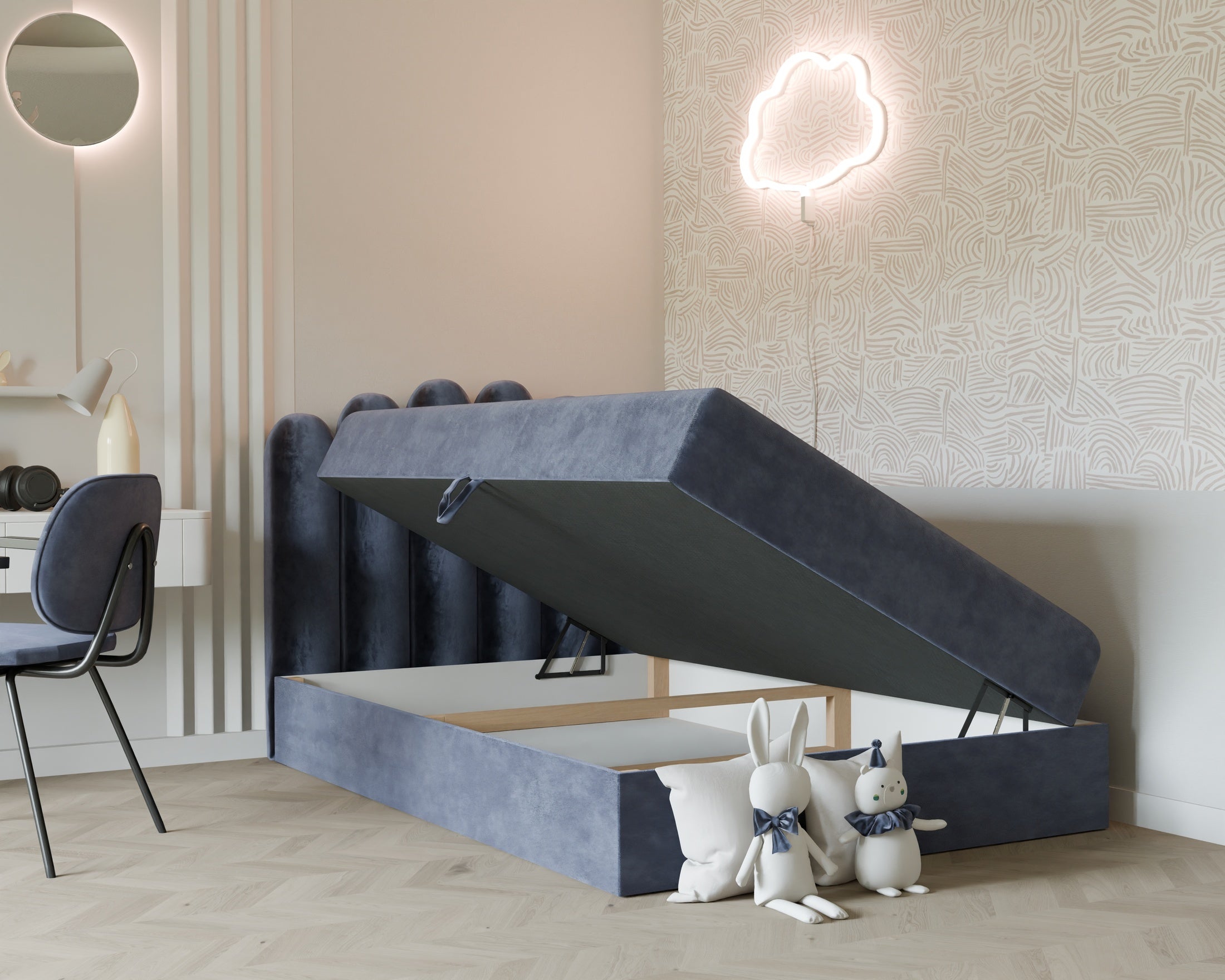 Seli Jugendbett mit Matratze und Bettkasten, Bezug aus Fantasy-Samt