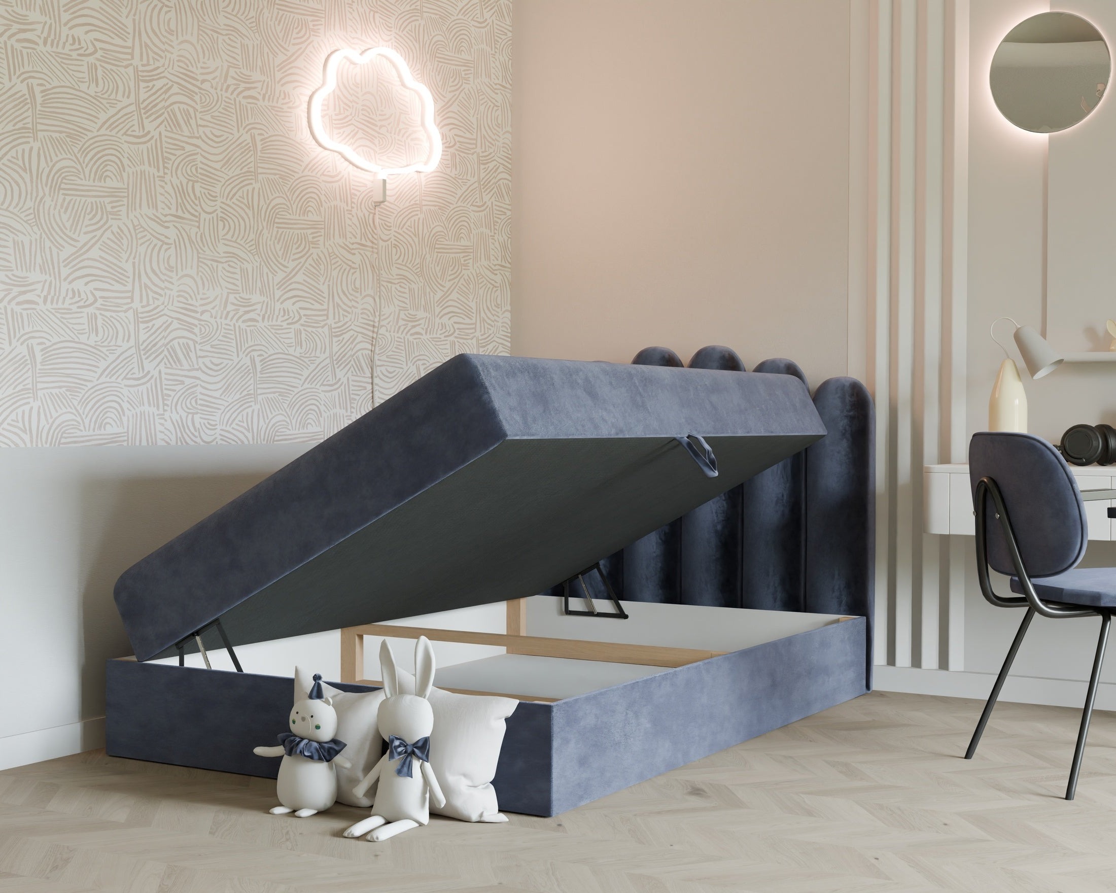 Seli Jugendbett mit Matratze und Bettkasten, Bezug aus Fantasy-Samt