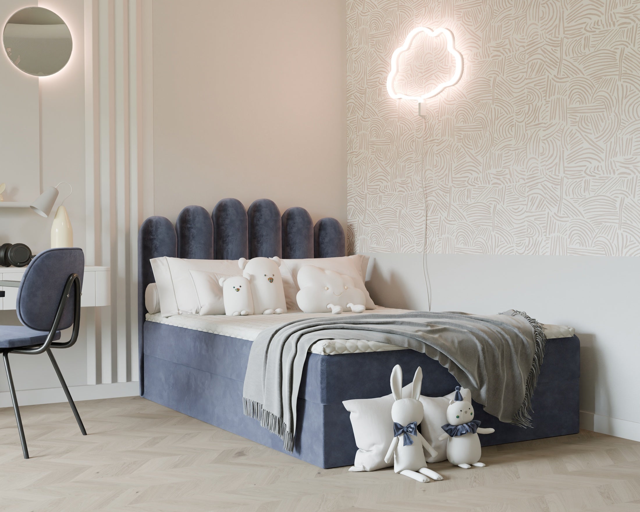 Seli Jugendbett mit Matratze und Bettkasten, Bezug aus Fantasy-Samt