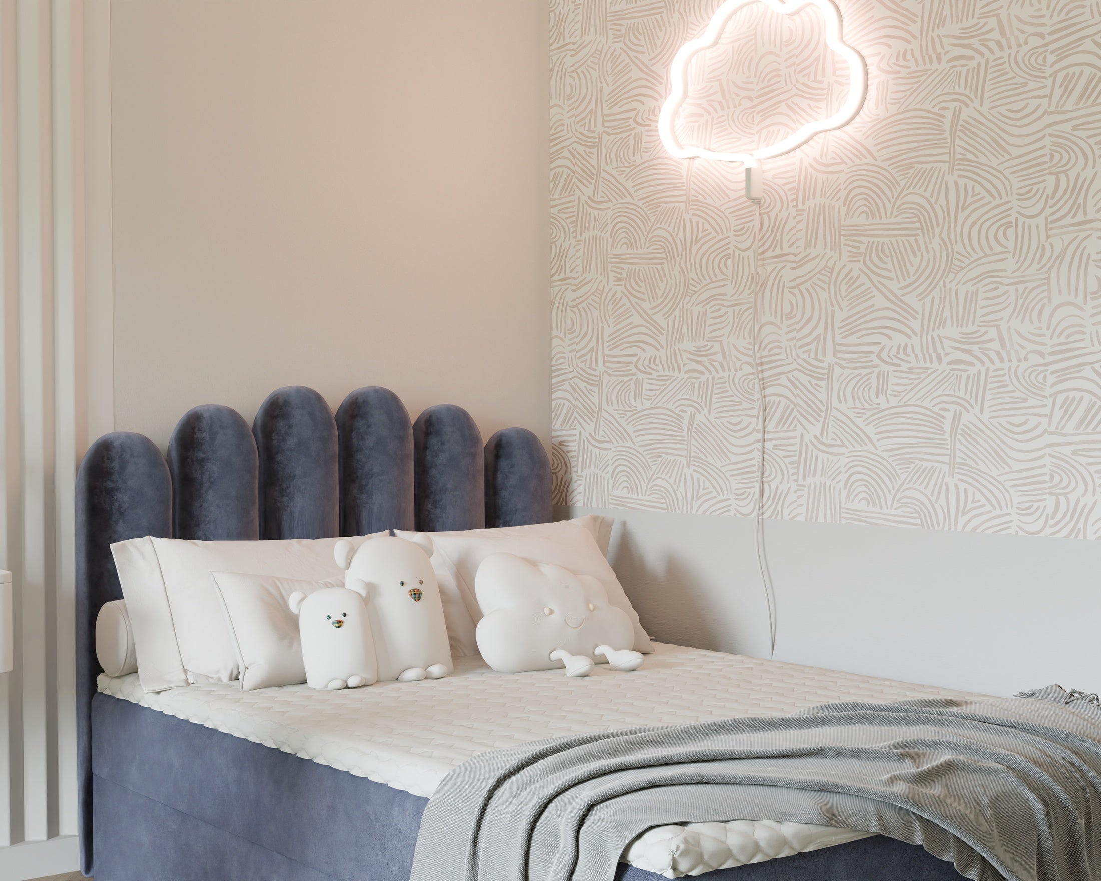 Seli Jugendbett mit Matratze und Bettkasten, Bezug aus Fantasy-Samt