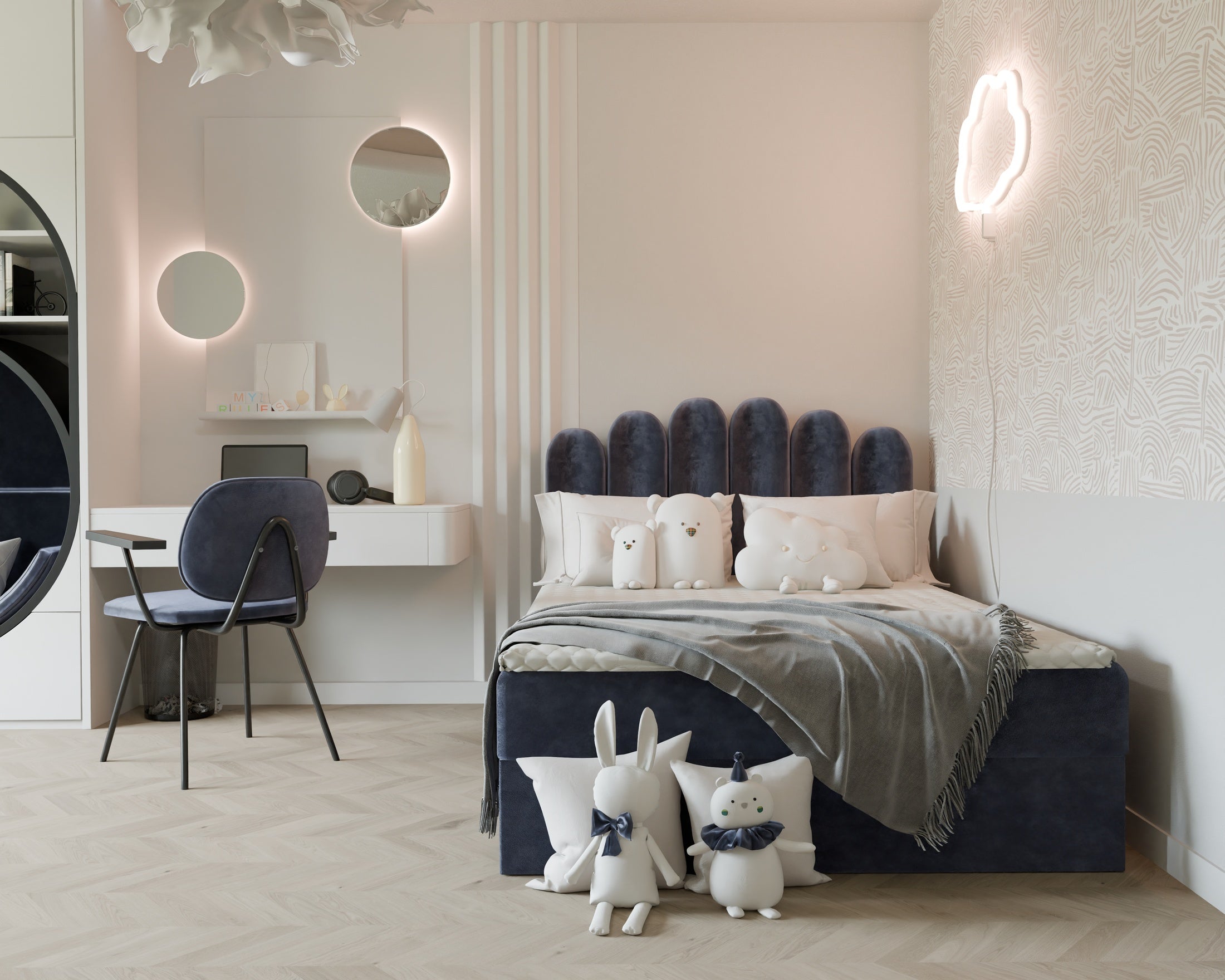 Seli Jugendbett mit Matratze und Bettkasten, Bezug aus Fantasy-Samt