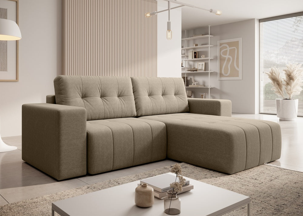 Softino L-förmiges Ecksofa – mit Schlaffunktion und Bettkasten, Stoffelement, Samt