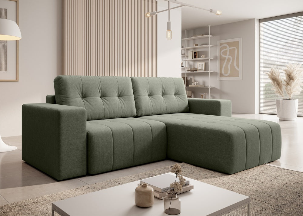 Softino L-förmiges Ecksofa – mit Schlaffunktion und Bettkasten, Stoffelement, Samt