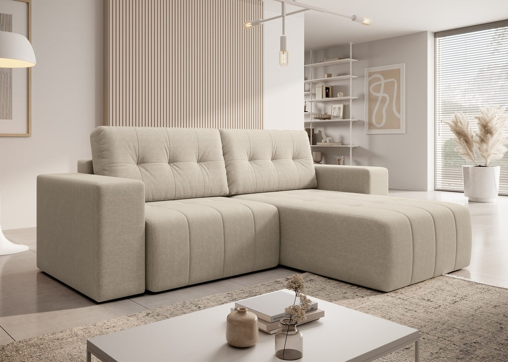 Softino L-förmiges Ecksofa – mit Schlaffunktion und Bettkasten, Stoffelement, Samt