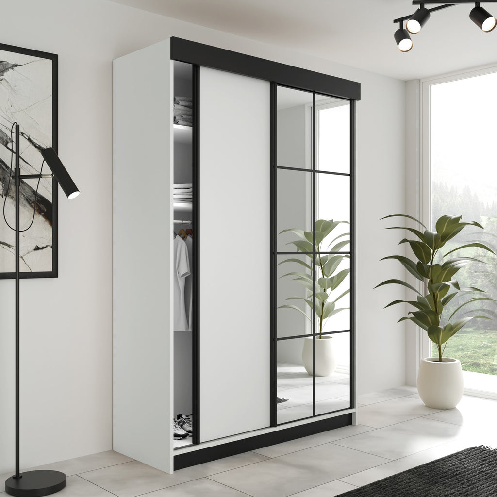 LAMARO 138 Kleiderschrank, 5 Farben, Spiegel 138 cm. Farbe: Weiß; Maße: 138 x 205 x 59 cm