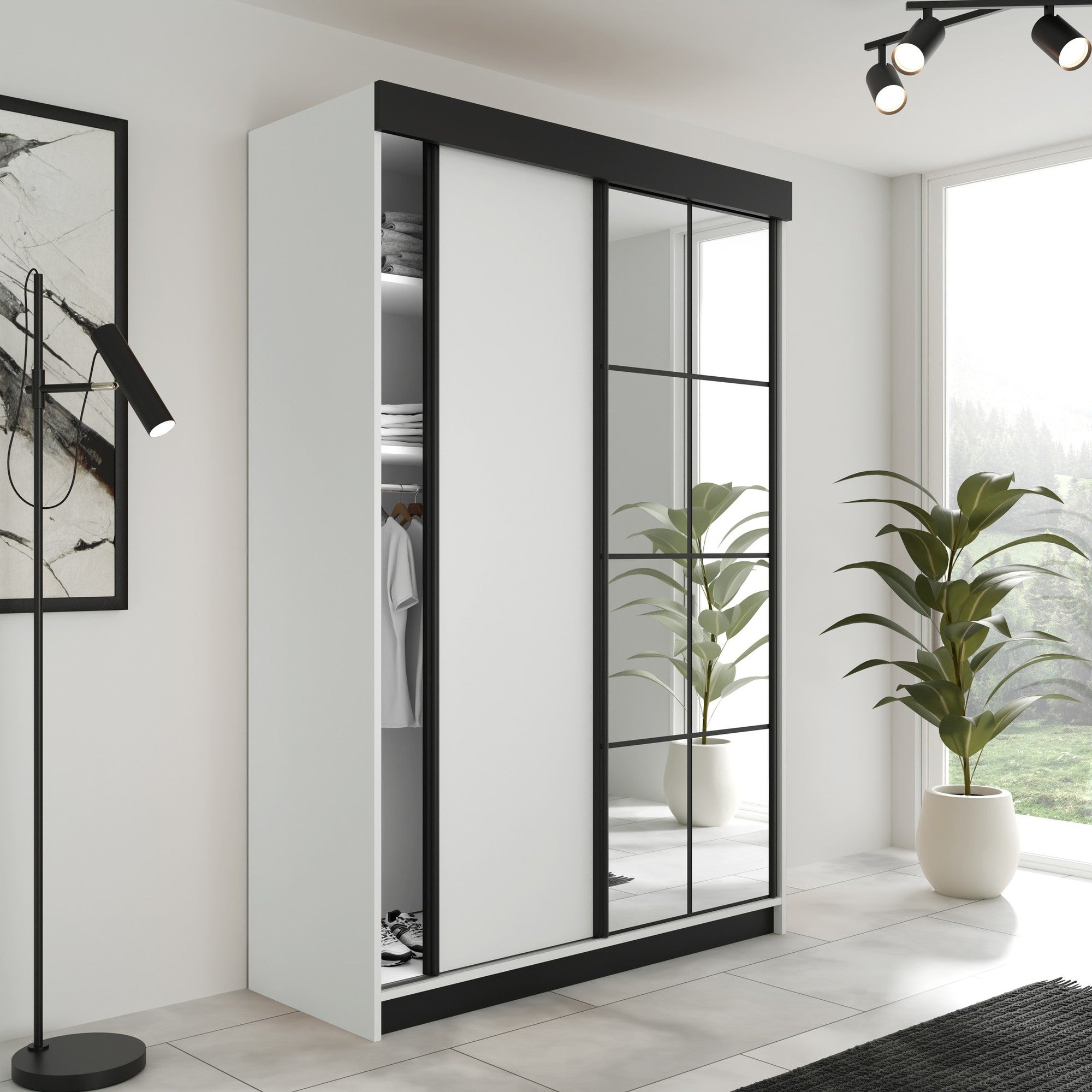 LAMARO 138 Kleiderschrank, 5 Farben, Spiegel 138 cm. Farbe: Weiß; Maße: 138 x 205 x 59 cm