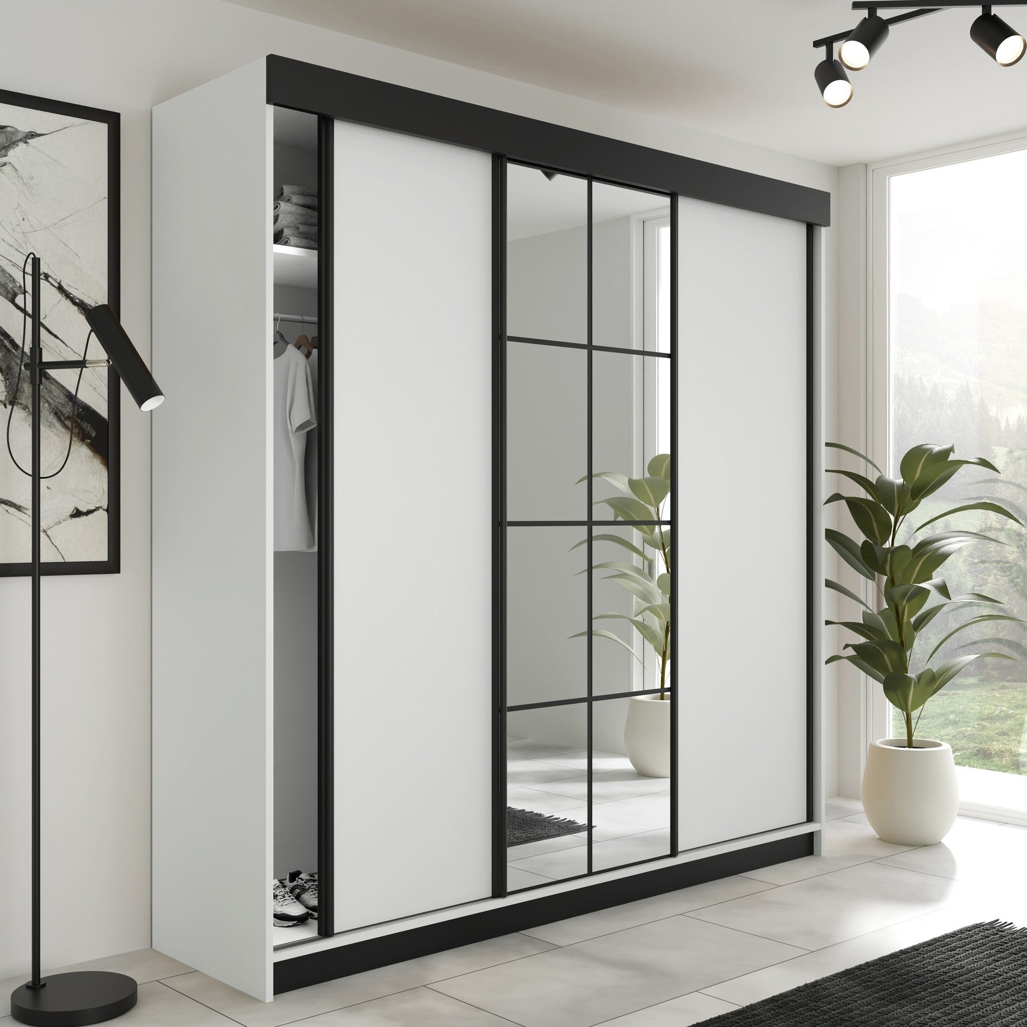 Kleiderschrank LAMARO 200, Spiegel, 5 Farben, 200 cm. Farbe: Weiß; Maße: 200 x 205 x 59 cm