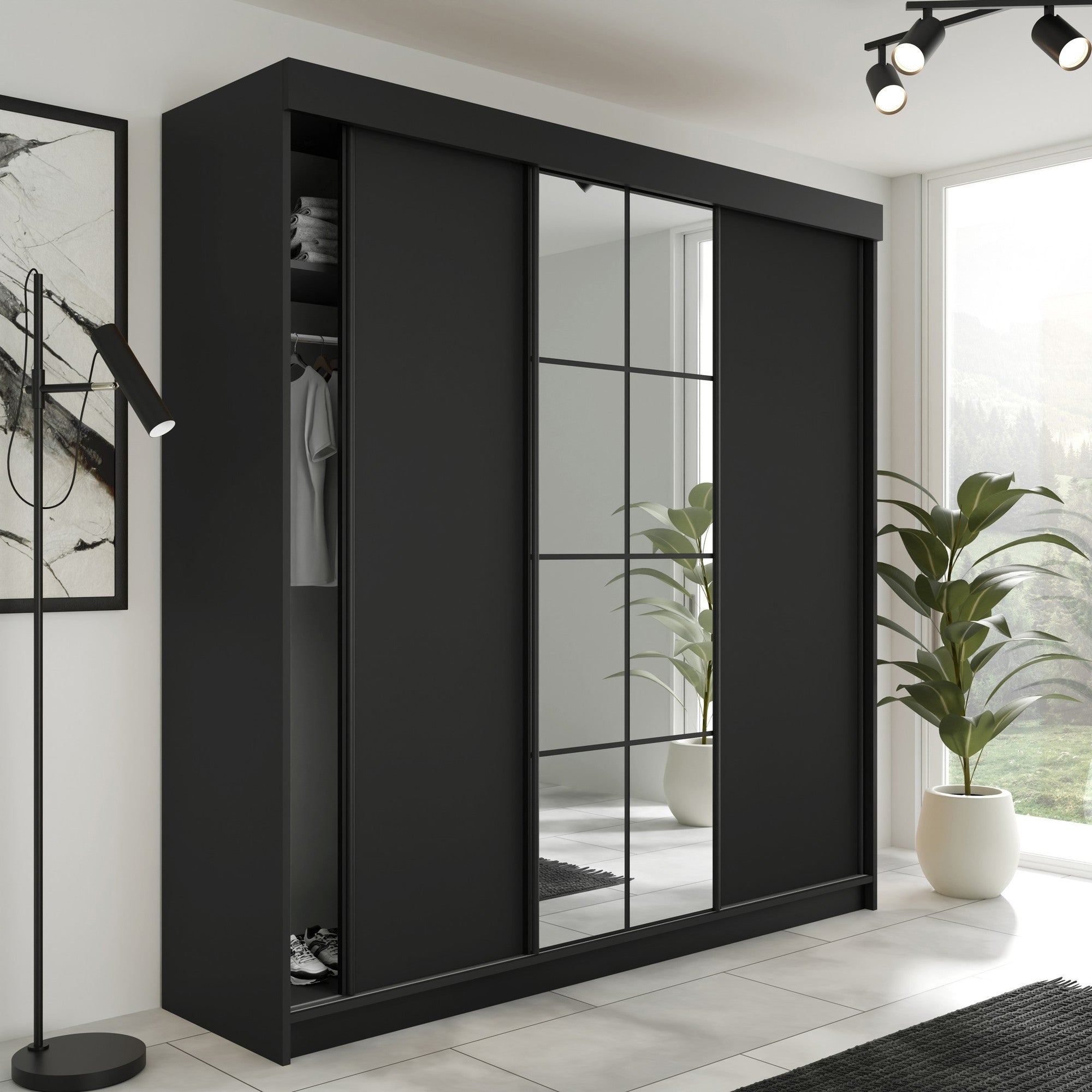 Kleiderschrank LAMARO 200, Spiegel, 5 Farben, 200 cm. Farbe: Weiß; Maße: 200 x 205 x 59 cm