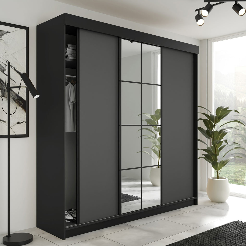 Kleiderschrank LAMARO 200, Spiegel, 5 Farben, 200 cm. Farbe: Weiß; Maße: 200 x 205 x 59 cm