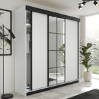 Kleiderschrank LAMARO 250, Spiegel, 4 Farben, 250 cm. Farbe: Weiß; Maße: 250 x 205 x 59 cm