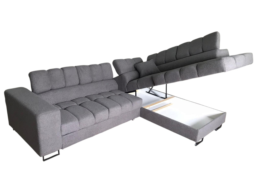 Ecksofa Tenaro L – formschön, mit Bettfunktion und leicht zu reinigendem Bouclé-Stoff.