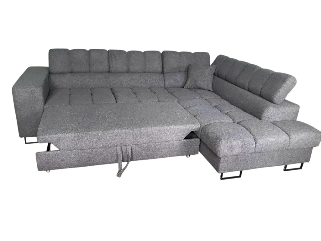 Ecksofa Tenaro L – formschön, mit Bettfunktion und leicht zu reinigendem Bouclé-Stoff.