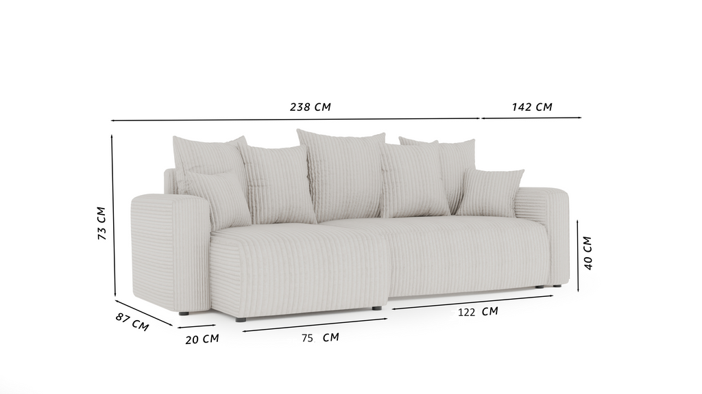 Tivano L-förmiges Ecksofa – Schlaffunktion, Bettkasten, seitliches Regal, Bouclé-Stoff