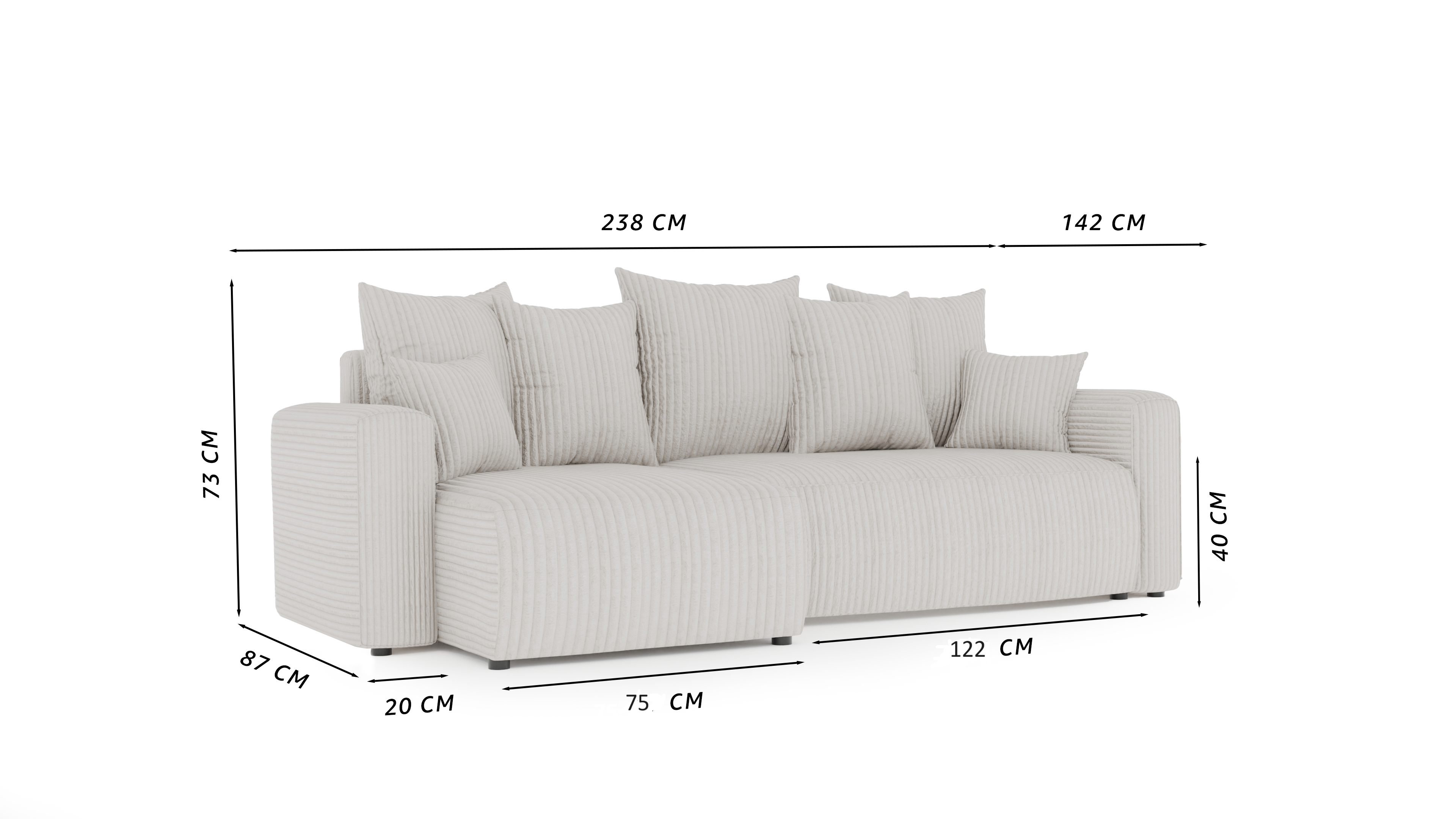 Tivano L-förmiges Ecksofa – Schlaffunktion, Bettkasten, seitliches Regal, Bouclé-Stoff