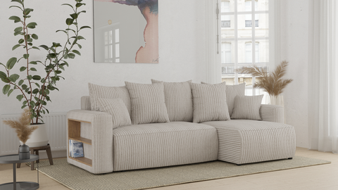 Tivano L-förmiges Ecksofa – Schlaffunktion, Bettkasten, seitliches Regal, Cordbezug