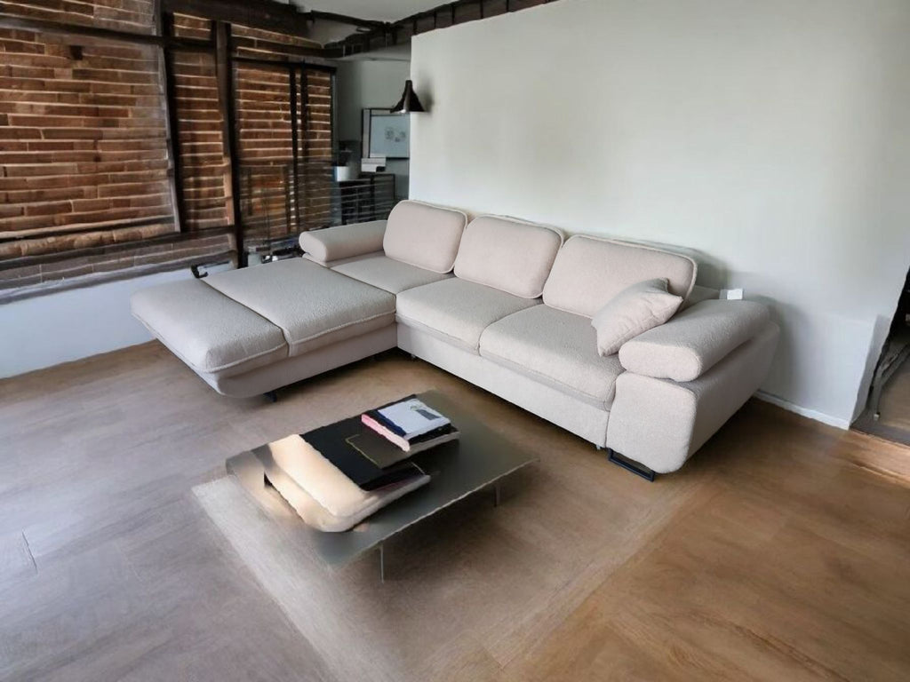 Ecksofa Virello L-Form - verstellbare Kopfstützen, Schlaffunktion, Bouclé-Stoff, JBL-Soundsystem.