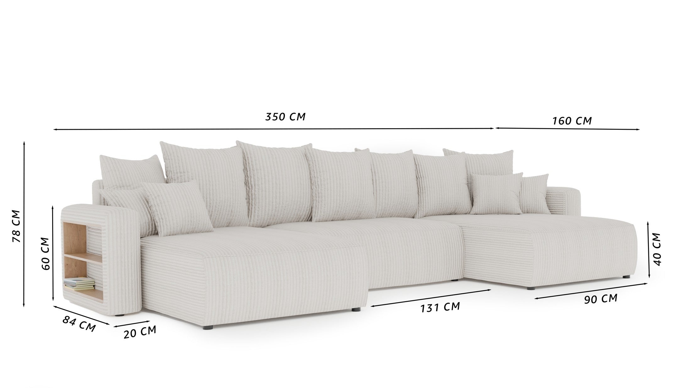 Ecksofa Montivo U-Form - mit Schlaffunktion und Bettkasten, Bezug aus Bouclé-Stoff.