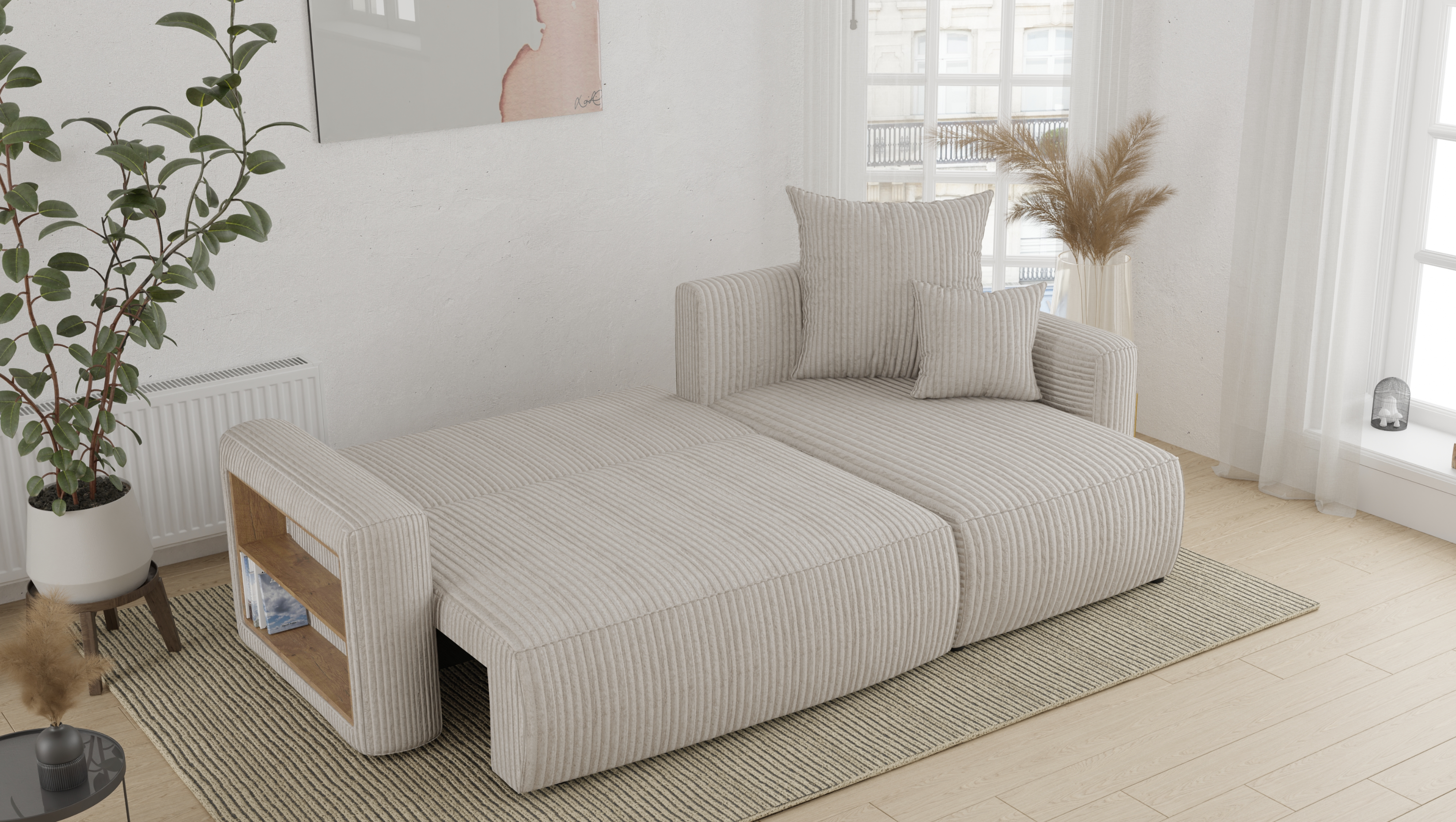 Tivano L-förmiges Ecksofa – Schlaffunktion, Bettkasten, seitliches Regal, Cordbezug