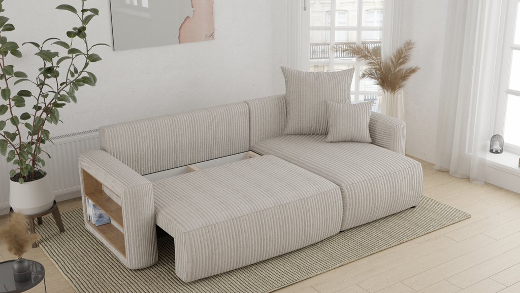 Tivano L-förmiges Ecksofa – Schlaffunktion, Bettkasten, seitliches Regal, Cordbezug