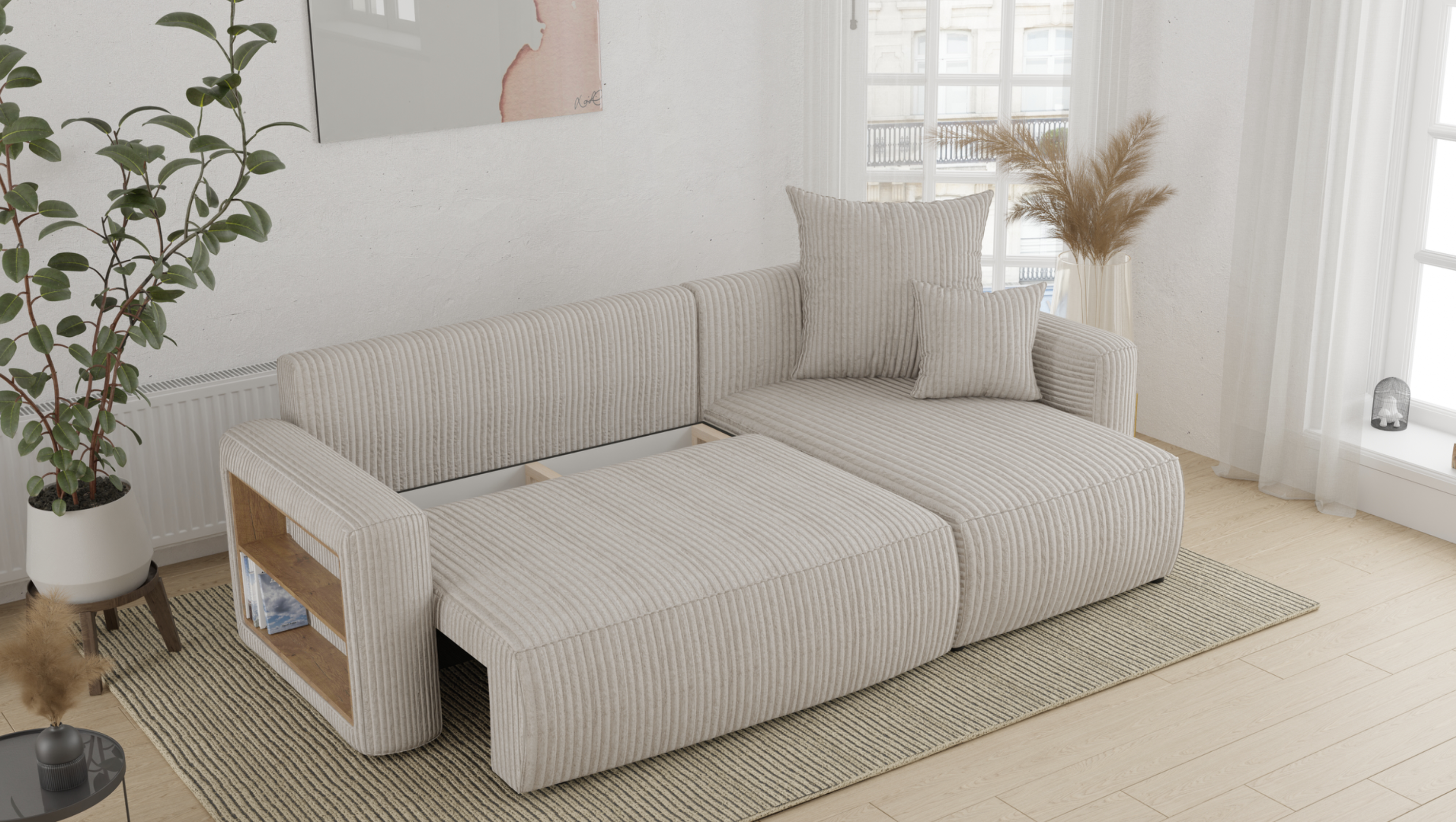 Tivano L-förmiges Ecksofa – Schlaffunktion, Bettkasten, seitliches Regal, Cordbezug