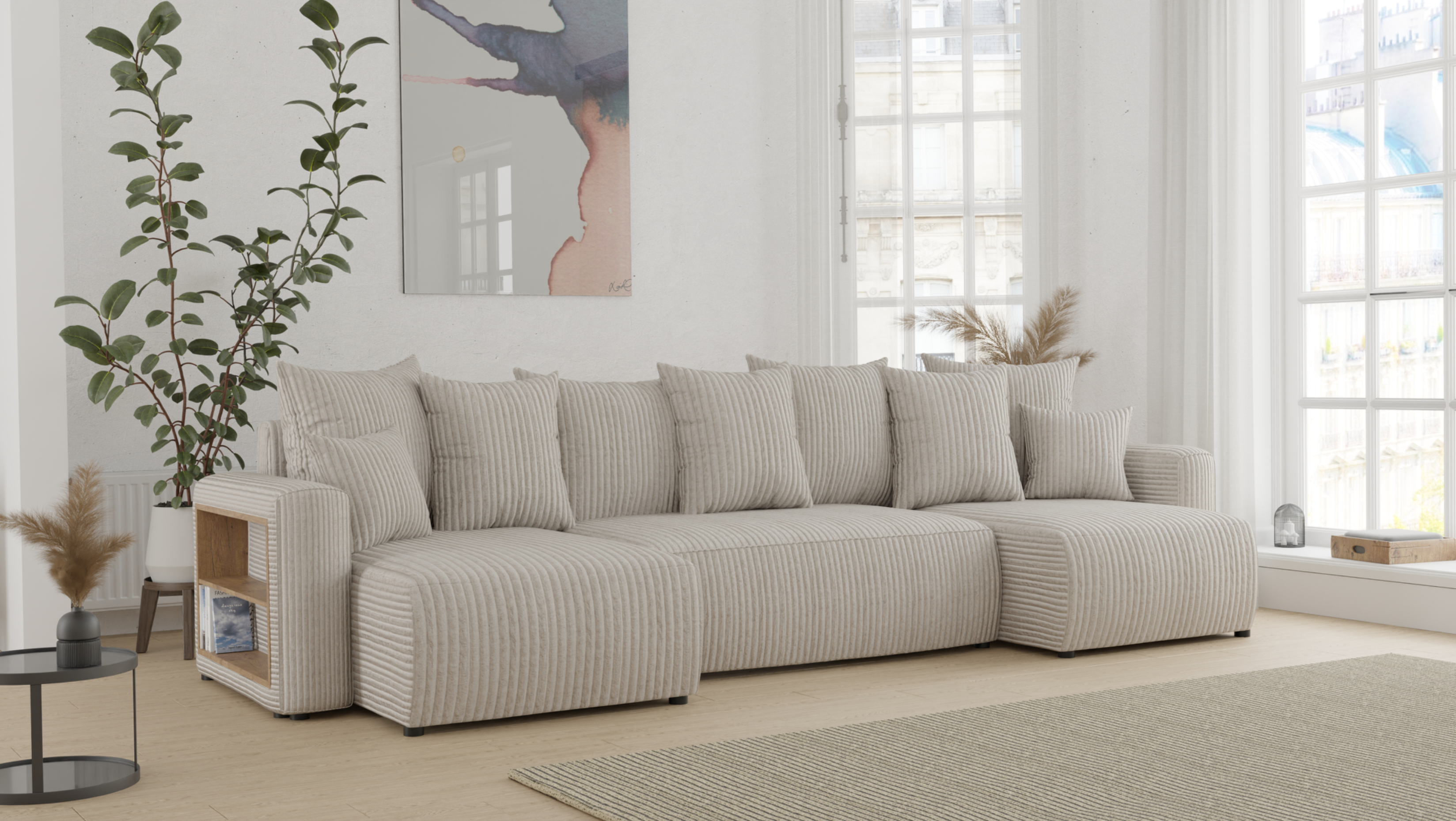 Tivano Ecksofa in U-Form – mit Schlaffunktion, Bettkasten und Cordbezug.