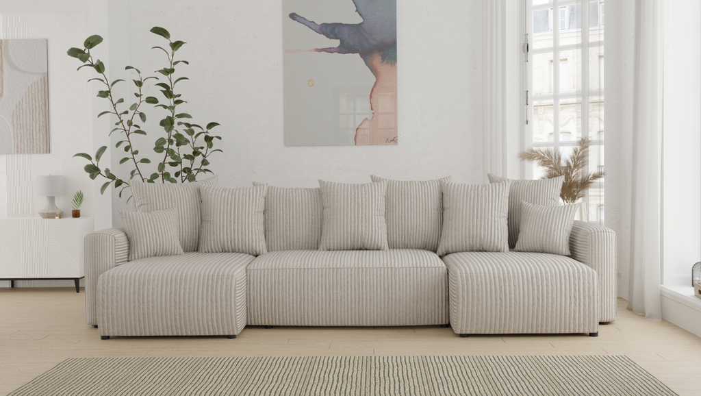 Tivano Ecksofa in U-Form – mit Schlaffunktion, Bettkasten und Cordbezug.