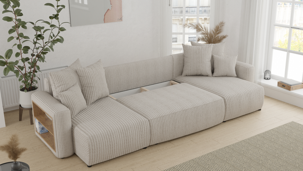 Tivano Ecksofa in U-Form – mit Schlaffunktion, Bettkasten und Cordbezug.