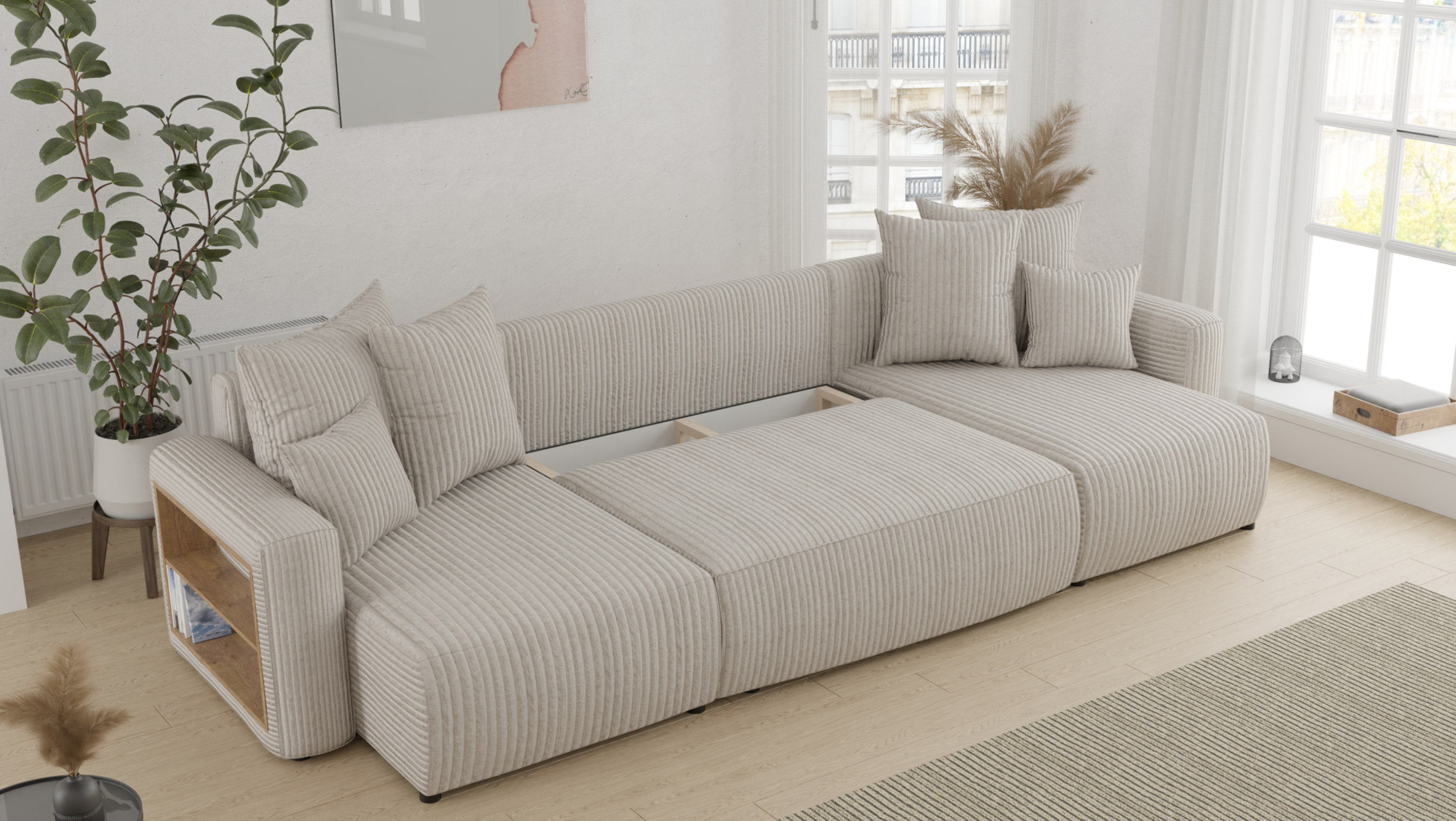 Tivano Ecksofa in U-Form – mit Schlaffunktion, Bettkasten und Cordbezug.