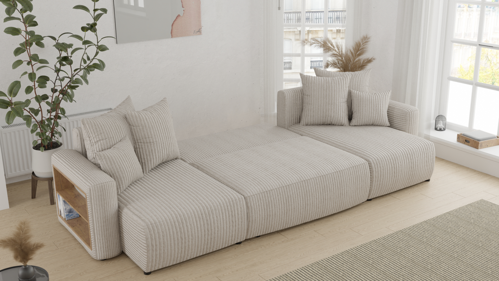 Tivano Ecksofa in U-Form – mit Schlaffunktion, Bettkasten und Cordbezug.