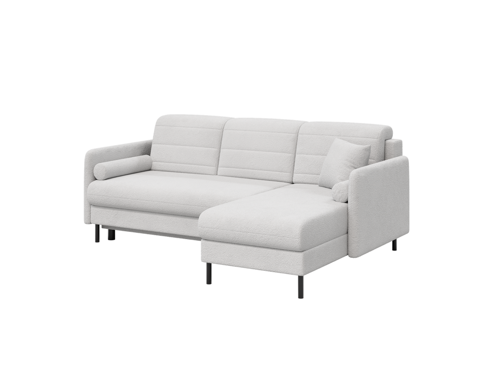 Bellari L-förmiges Ecksofa, universelle Seite mit Schlaffunktion und Bettkasten, Abriamo Bouclé-Stoff