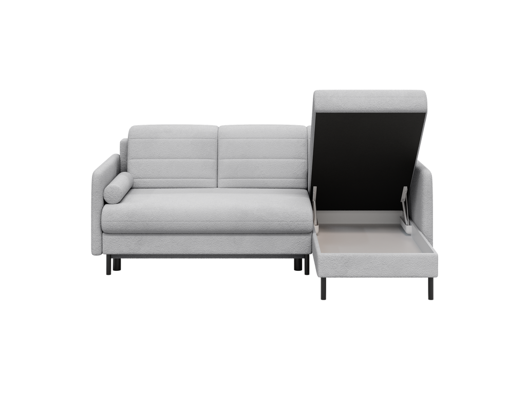 Bellari L-förmiges Ecksofa, universelle Seite mit Schlaffunktion und Bettkasten, Abriamo Bouclé-Stoff