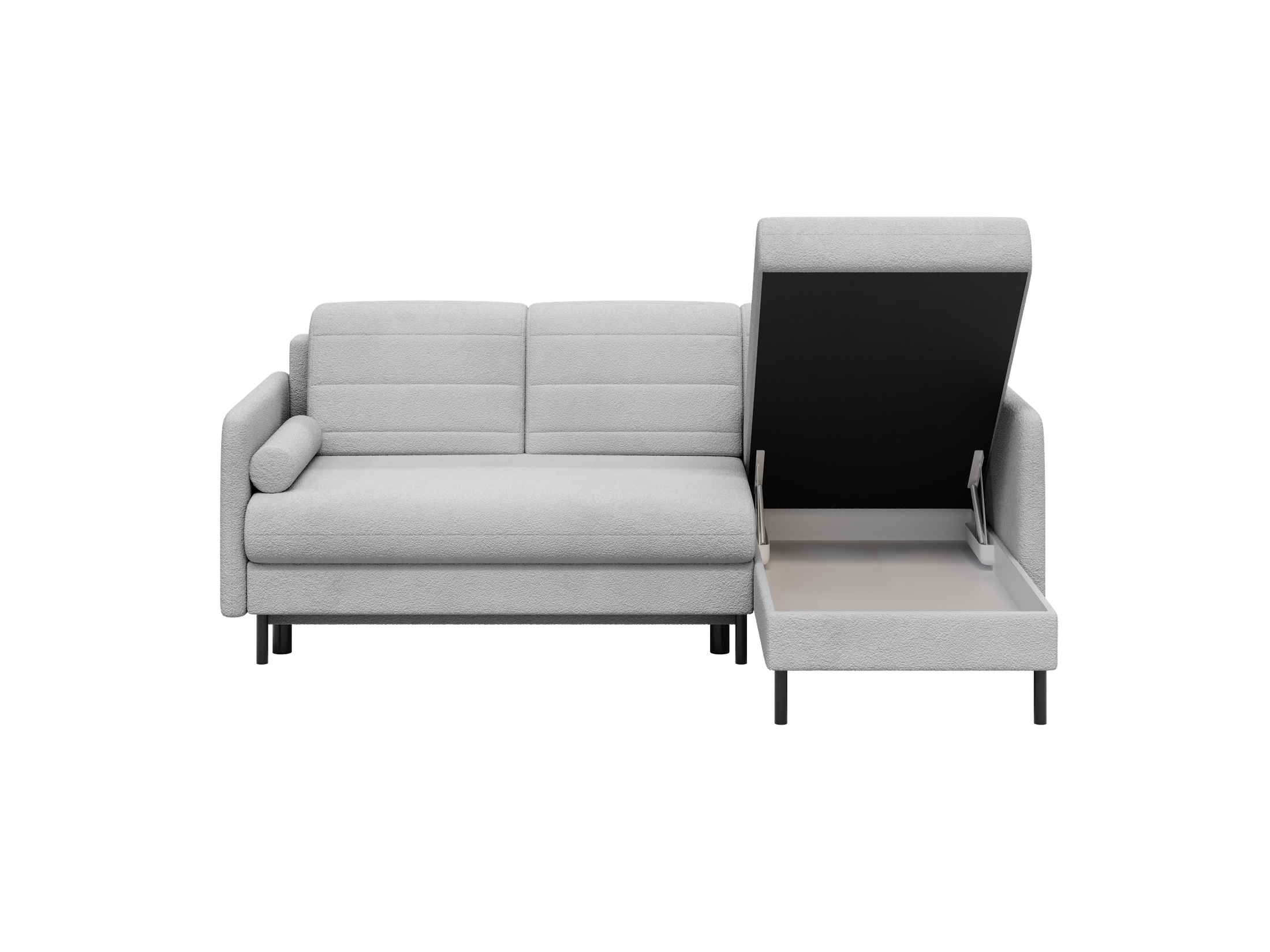 Bellari L-förmiges Ecksofa, universelle Seite mit Schlaffunktion und Bettkasten, Abriamo Bouclé-Stoff