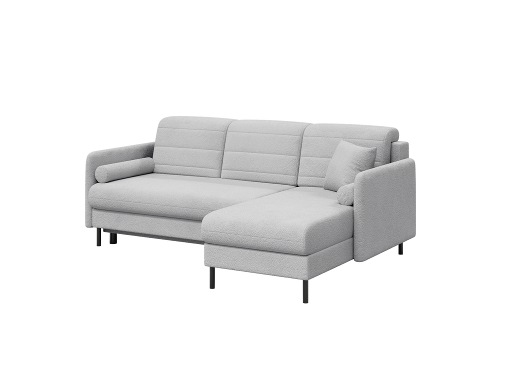 Bellari L-förmiges Ecksofa, universelle Seite mit Schlaffunktion und Bettkasten, Abriamo Bouclé-Stoff