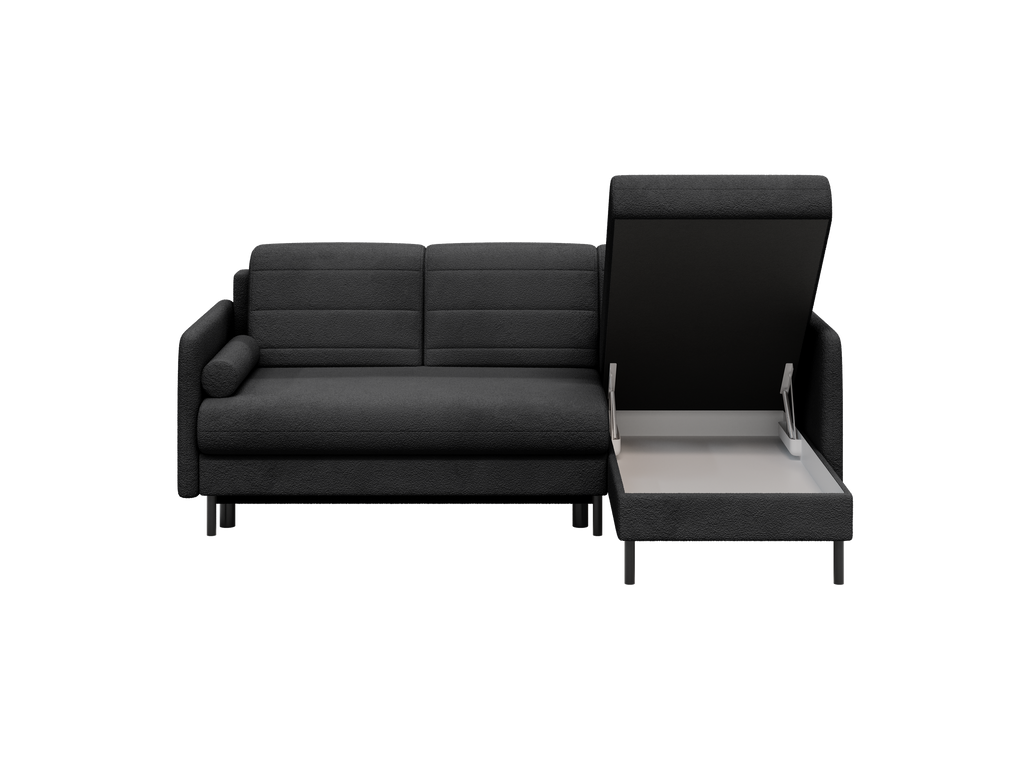 Bellari L-förmiges Ecksofa, universelle Seite mit Schlaffunktion und Bettkasten, Abriamo Bouclé-Stoff