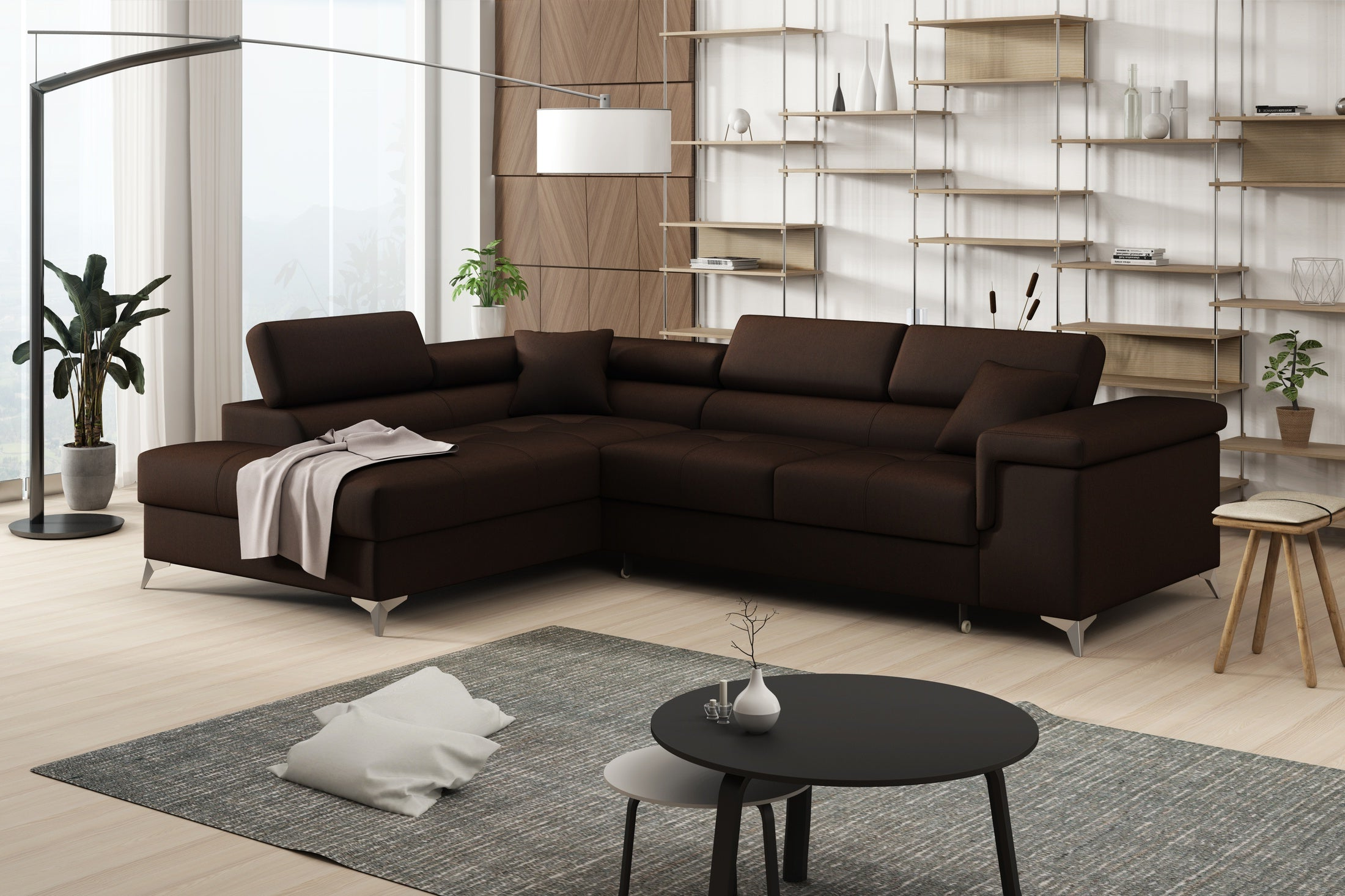 Striato Ecksofa – L-förmig mit Schlaffunktion und Bettkasten, verstellbaren Kopfstützen, Monolith-Stoff