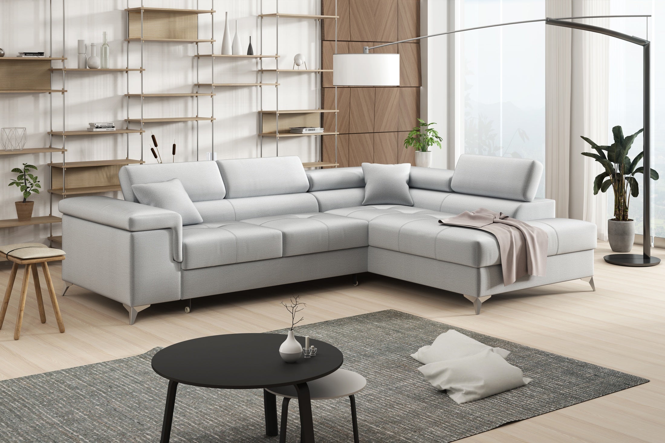 Narożnik Striato - L kształtny z funkcją spania i pojemnikiem na pościel regulowane zagłówki tkanina Monolith