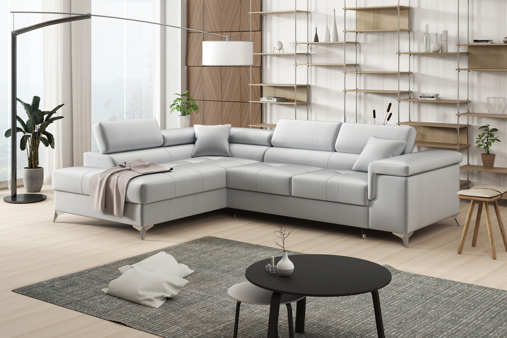 Striato Ecksofa – L-förmig mit Schlaffunktion und Bettkasten, verstellbaren Kopfstützen, Monolith-Gewebe