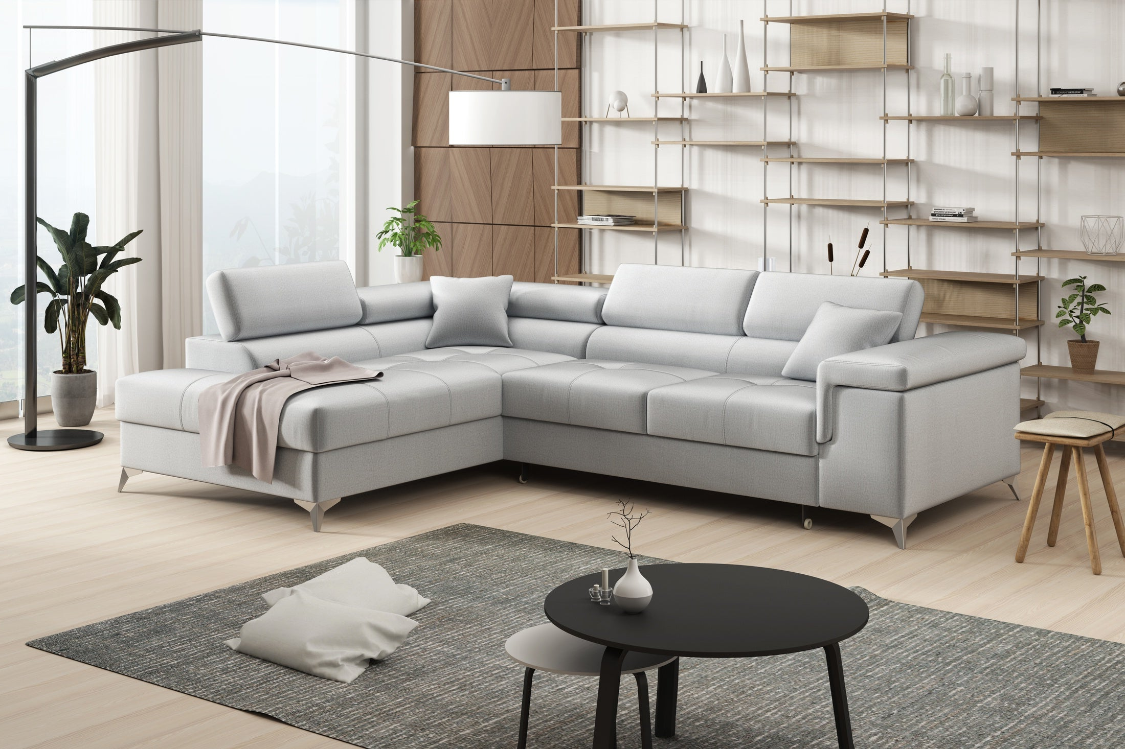 Narożnik Striato - L kształtny z funkcją spania i pojemnikiem na pościel regulowane zagłówki tkanina Monolith